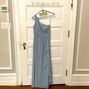 Light blue, one shoulder dress.